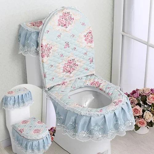 Вышитый край кружевной коврик для унитаза из 3 частей осенне-зимний бархатный чехол для унитаза U-образная молния сиденье для унитаза юбка стиль подол