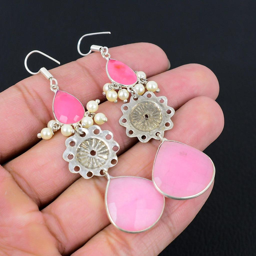 Серьги-подвески из серебра 925 пробы с натуральным розовым халцедоном, уникальные украшения для сестры