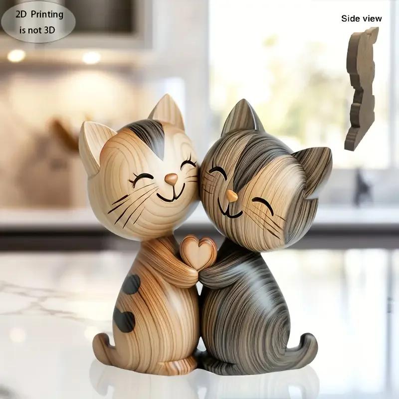 Wooden Kitten Couple Sculpture Charming 2D Flat Cat Enthusiast Gift Light and Dark Wood Grain Desktop Entrance Home Decoration