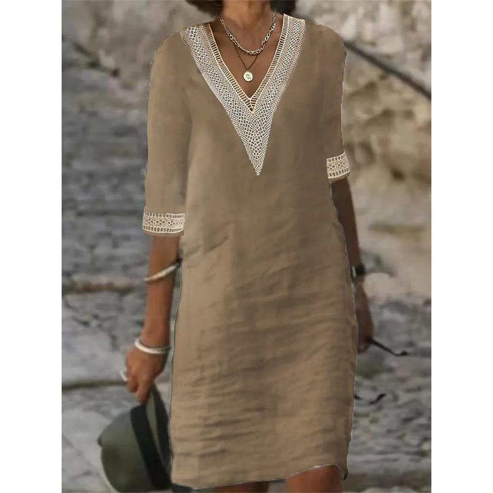 Women's Solid Color V-neck Mid Sleeve Cotton Linen Casual Dress