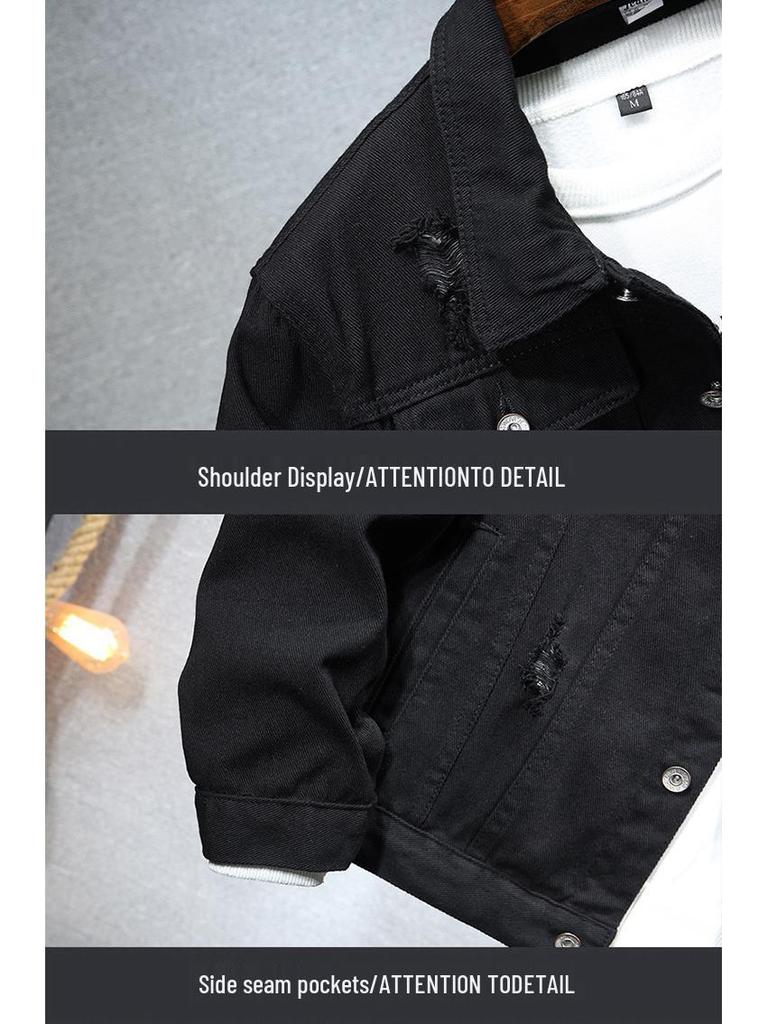 Men's Trendy Black Denim Jacket: Casual, Versatile, Ripped Style for Autumn and Winter