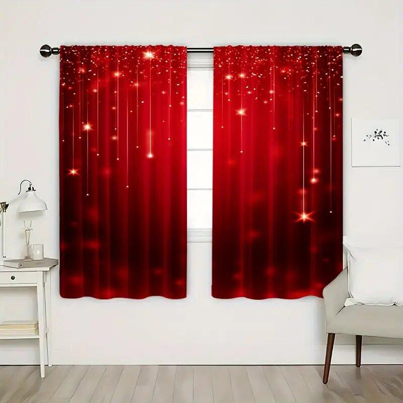 2pcs - Christmas Curtains, Christmas Golden Star red polyester printed curtains, home decoration, room decoration