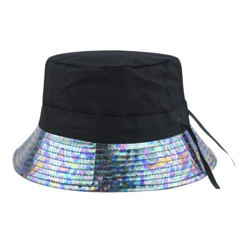 Leather Luminous Bucket Hat Wide Brim Single Sided Laser Rainbow Fisherman Hat Solid Color Silver Shiny Sun Cap Hip Hop Street