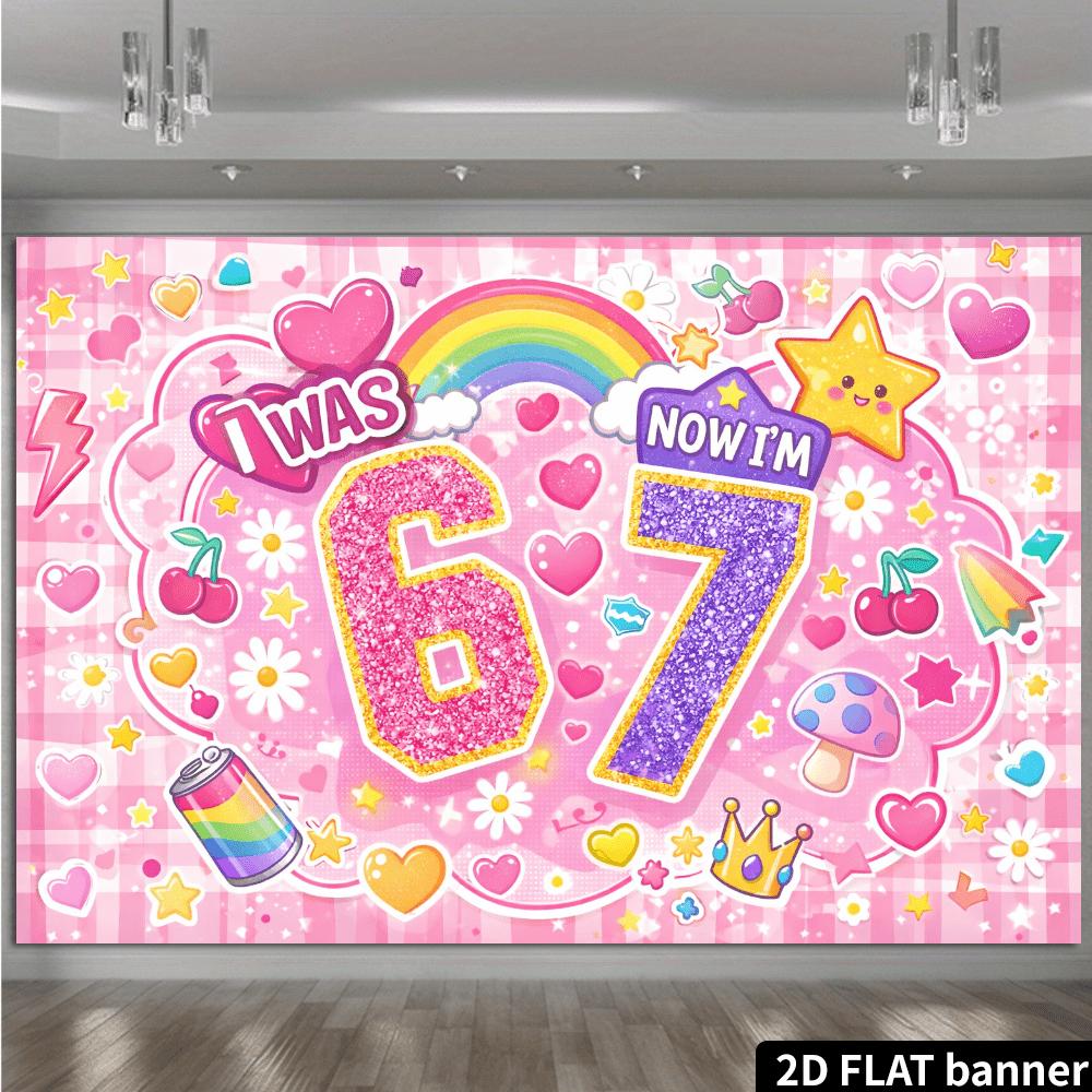 2D plane, 6 rotations, 7-year-old birthday party backdrop fabric, pink and purple glittering powder theme, polyester material