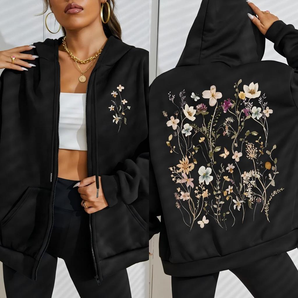 Beautiful Flower Clusters Printing Women Zipper Hoodie Vintage All-Match Hoodies Street Streetwear Autumn Tracksuit