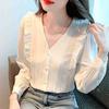 Fashion New 2024 Autumn Long Sleeve Ruffles V-Neck White Blouse Shirt Women Tops Blouses Shirts J559