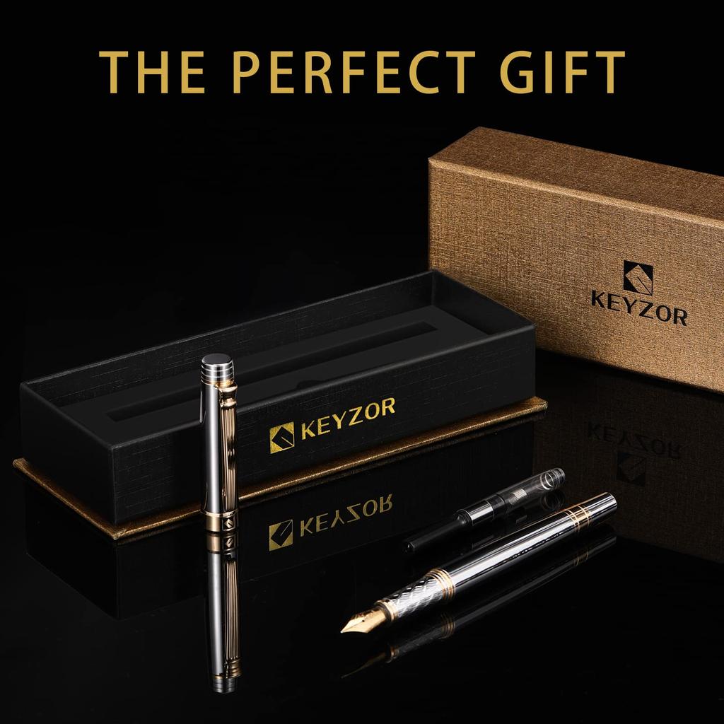 Keyzor Luxury Fountain Pen Fancy Silver 24K Gold Plated Fine Converter Gift Journaling Calligraphy Smooth Writing Pen for Women Men - Pen, Nib,