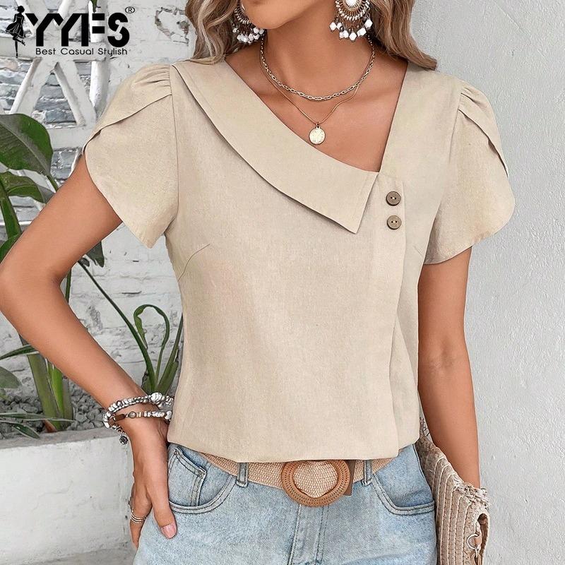 YYFS Женские модные повседневные летние весенние однотонные блузки и рубашки с короткими рукавами с принтом