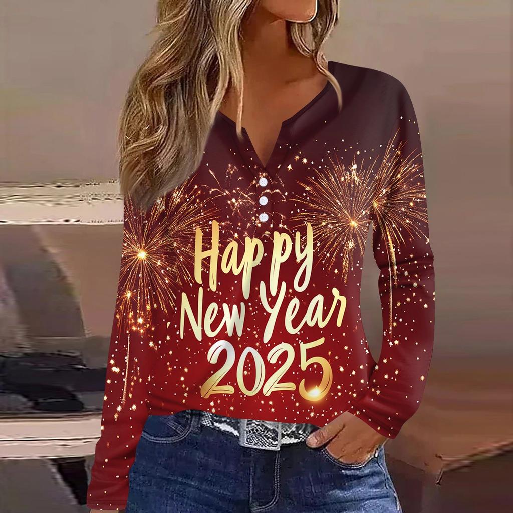 Жен. Футболка Футболка С принтом Пуговицы Длинный рукав Повседневные Выходные Мода Классический V-образный вырез Обычный Верх