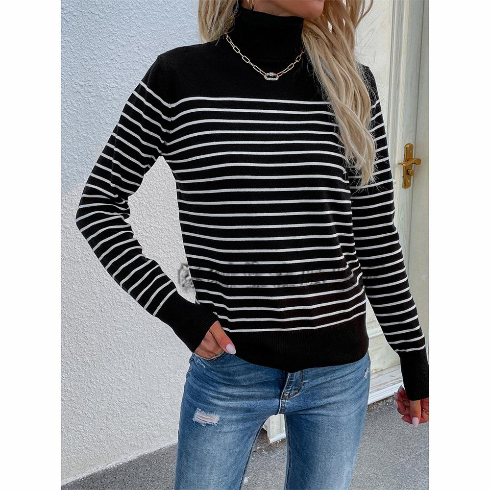 2024 Европейский и Американский Осень-Зима Новый Полосатый Женский Свитер С Высоким Воротником Полосатый Пуловер Вязаный Свитер