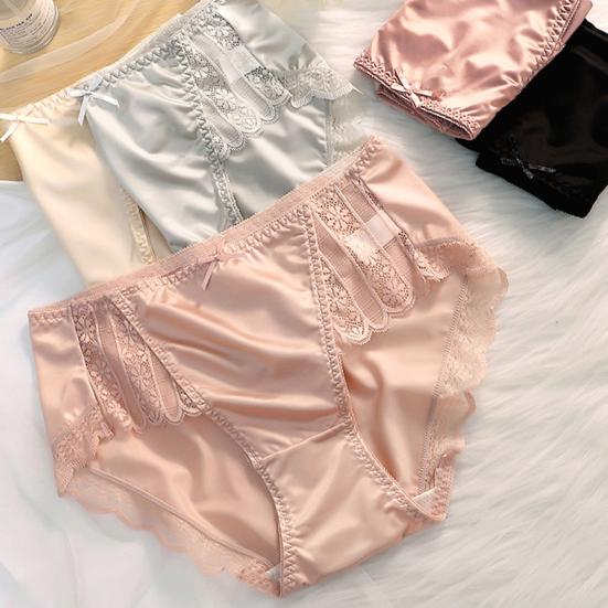 Smooth Satin See-through Lace Stitching Briefs Sexy Bowknot Decor Mid-rise Hip Lifting Breathable Thin Women Panties