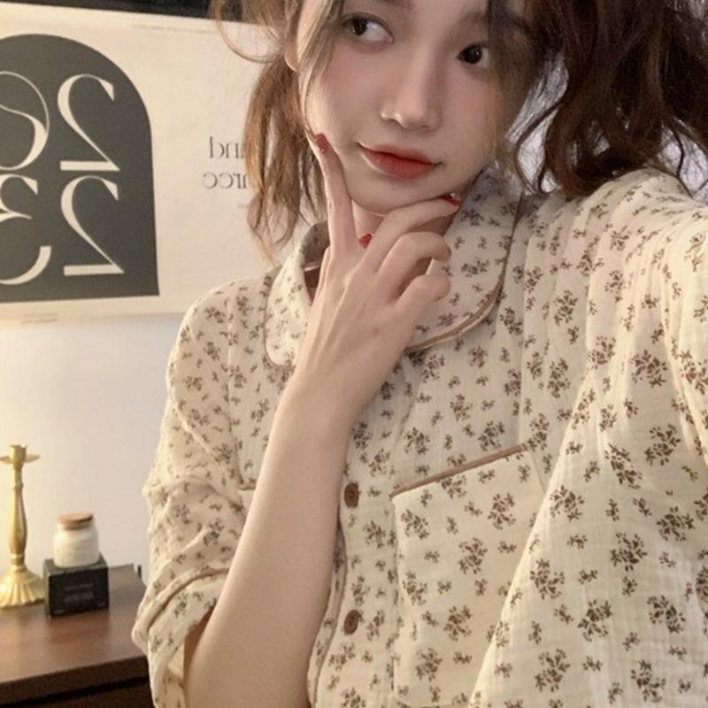 Пижама с цветочным принтом, женский пижамный комплект, корейская летняя пижама из 2 предметов, милая домашняя одежда для студентов