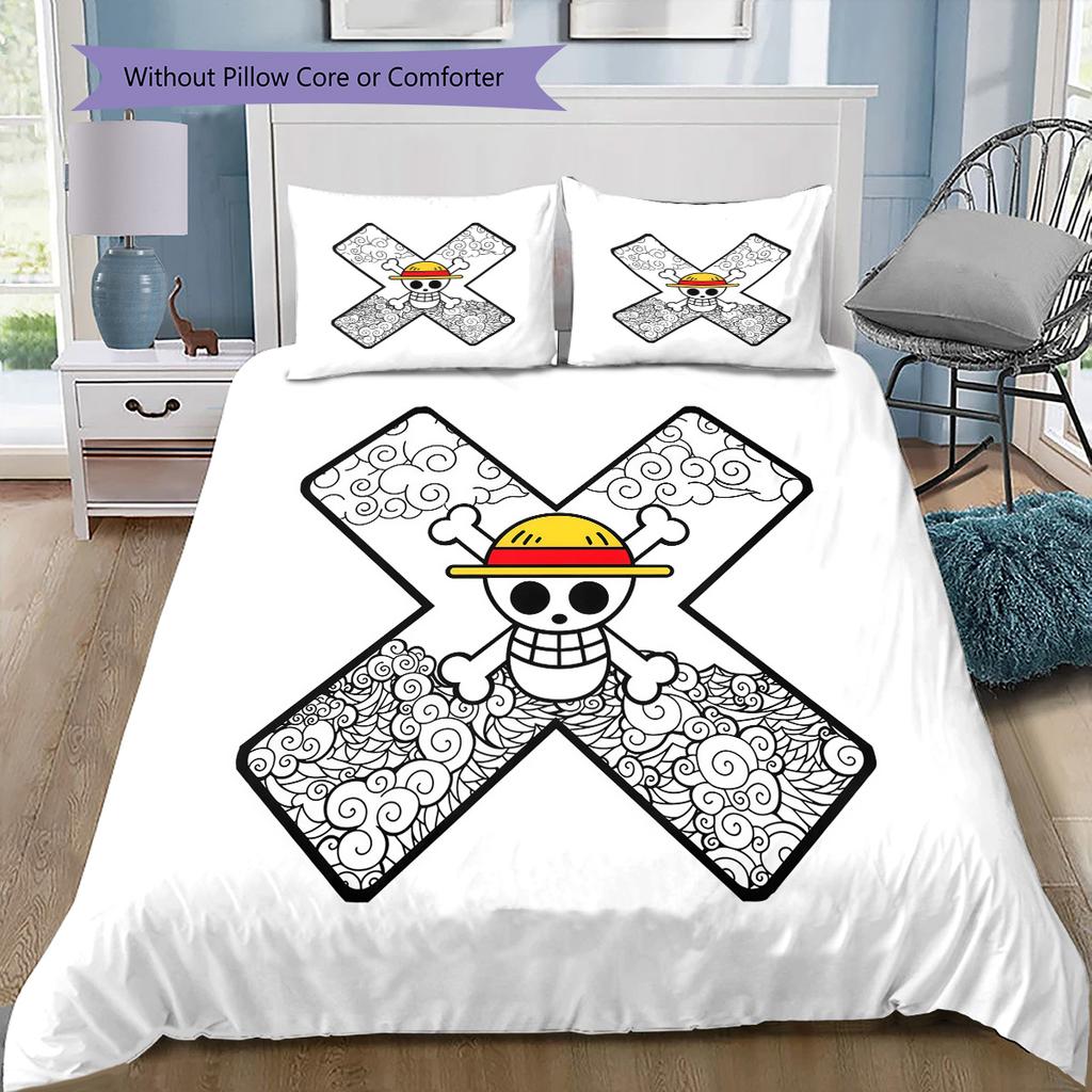 One Piece Straw Hat Pirates Pattern Bedding Quilt Set Quilt Cover Pillowcase Home Birthday Gift(1 * duvet cover + 2 * pillowcase, without core)