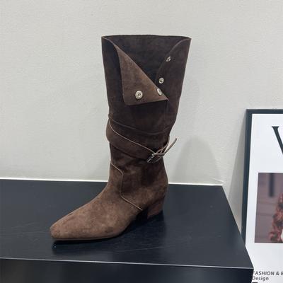 Замшевые ботильоны на высоком каблуке с острым носком, средней длины, ботинки-рыцари, женские ботинки 2025 осень/зима, коричневые длинные облегающие ботфорты