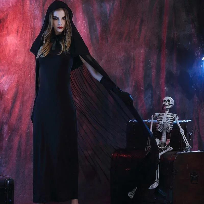 Костюм вампира-ведьмы на Хэллоуин, черное марлевое платье-плащ, костюм для косплея, одежда для выступлений на Хэллоуин