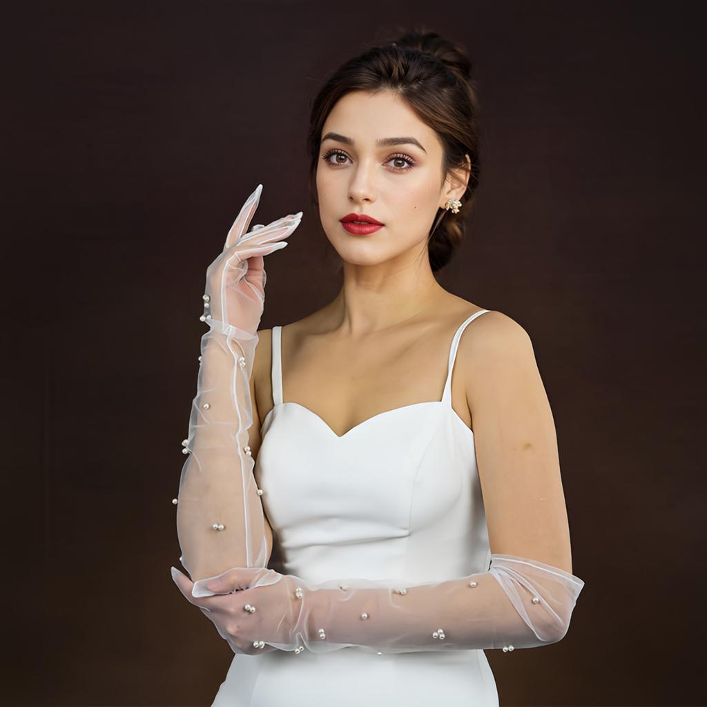 Винтажные прозрачные свадебные перчатки с жемчугом, длинные варежки до локтя, сетчатые нарукавники, женские вечерние аксессуары для свадебного платья, фото VPM07