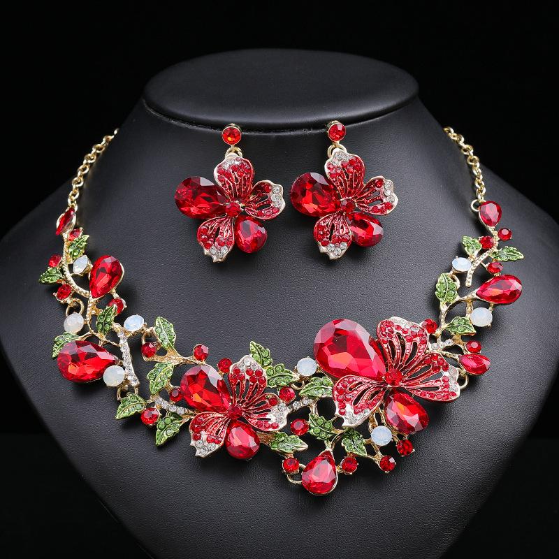 Necklace Earrings Two-Piece Set Colorful Flower Bride Retro High-End Design Sense Multi-Color Optional