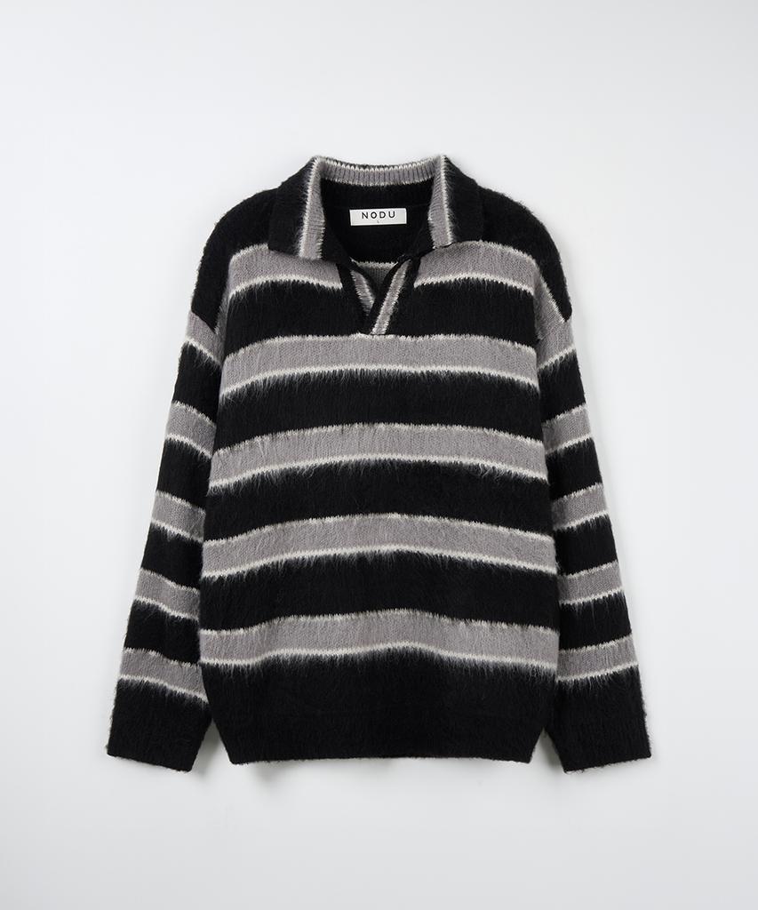 NODU Open Collar Striped Brush Knit [Black]