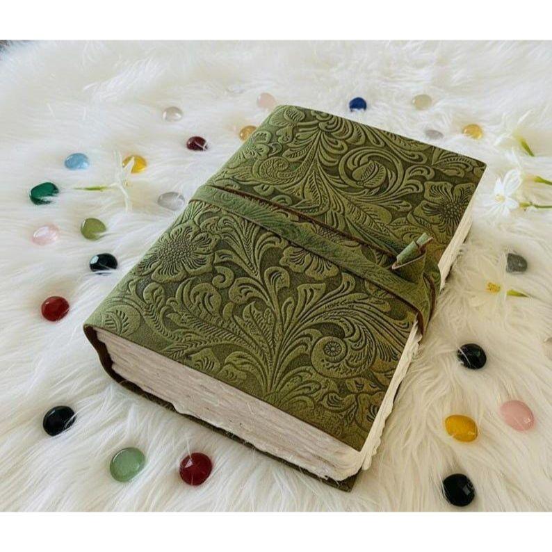 Embossed Flower Leather Journal: Handmade Deckle Edge Grimoire Meditation Gifts