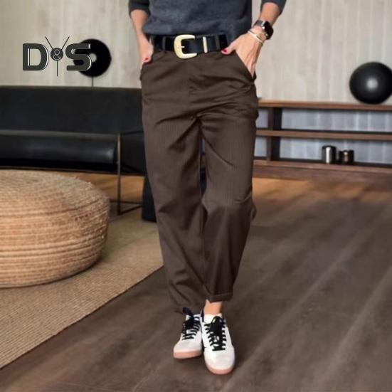 Женские повседневные брюки с высокой талией, однотонные свободные брюки с карманами, универсальный стиль, костюмные брюки