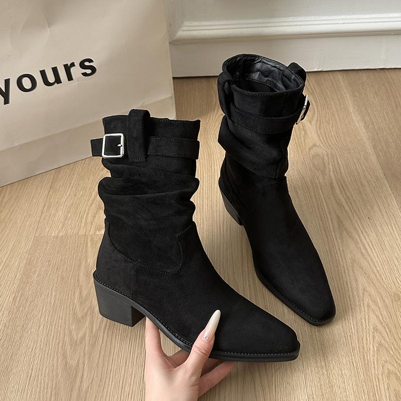 Осенне-зимние женские ботильоны из замши с острым носком, модные туфли на толстом каблуке, элегантные женские ботильоны