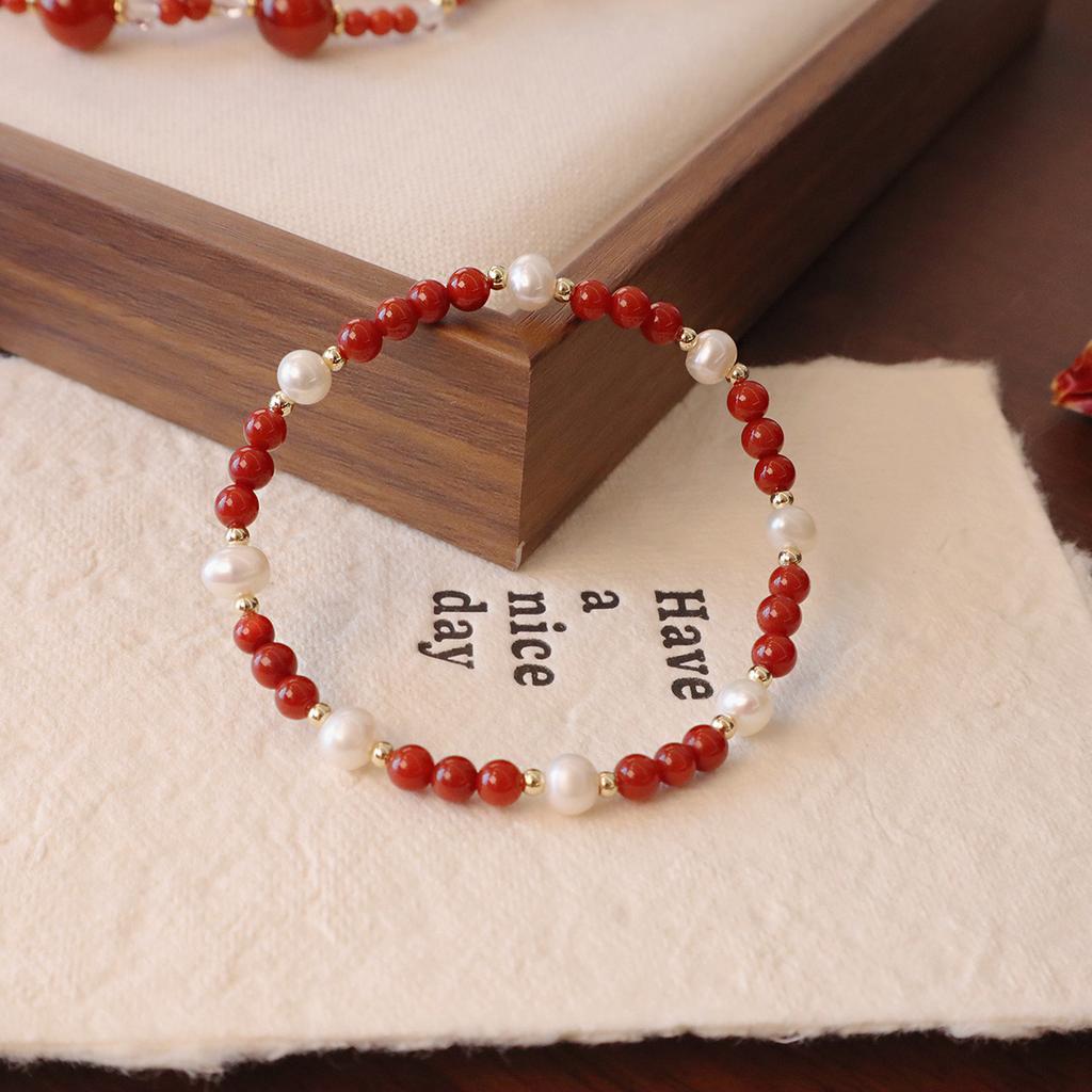 Natural Nanhong Agate Bracelet Freshwater Pearl White Crystal Fashion Women Daily Jewelry Lucky Gift