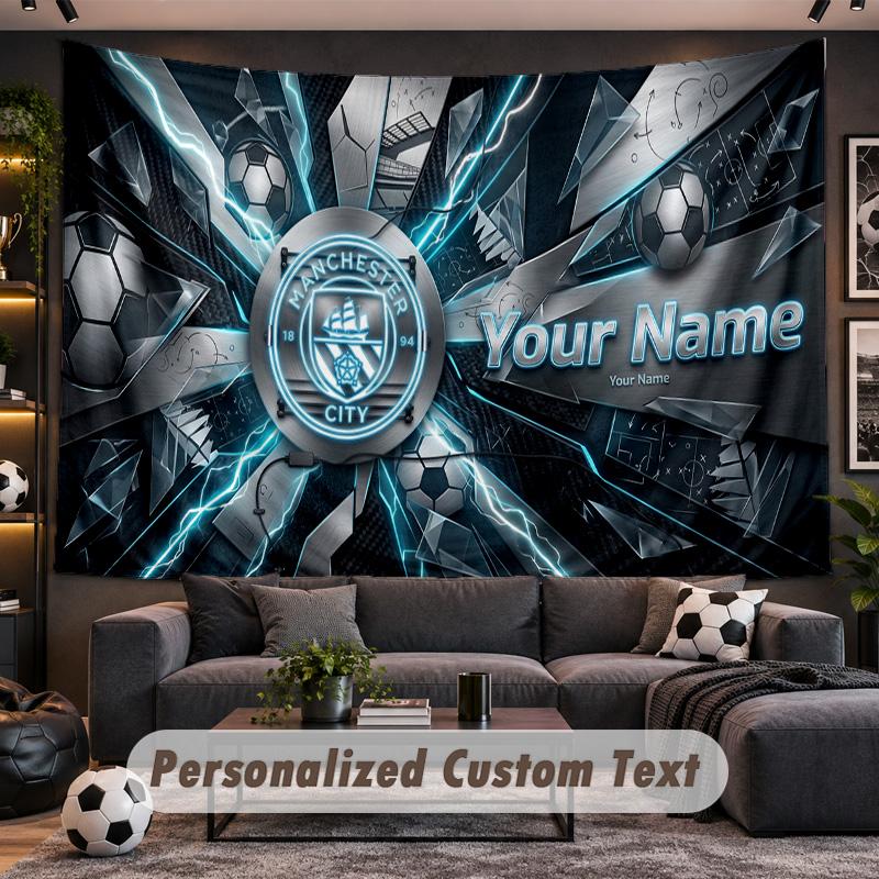 Manchester City Personalized Tapestry Support Custom Name, Wall Art Home Decoration