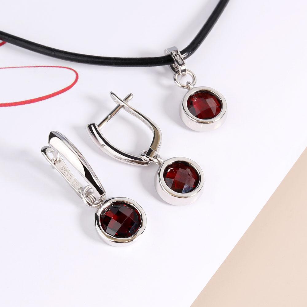 Серебро 925 пробы, серебряный кулон, ожерелье, серьги, комплект ювелирных изделий, оправа безеля, красный гранат, натуральный драгоценный камень, простой дизайн для женщин, хороший подарок