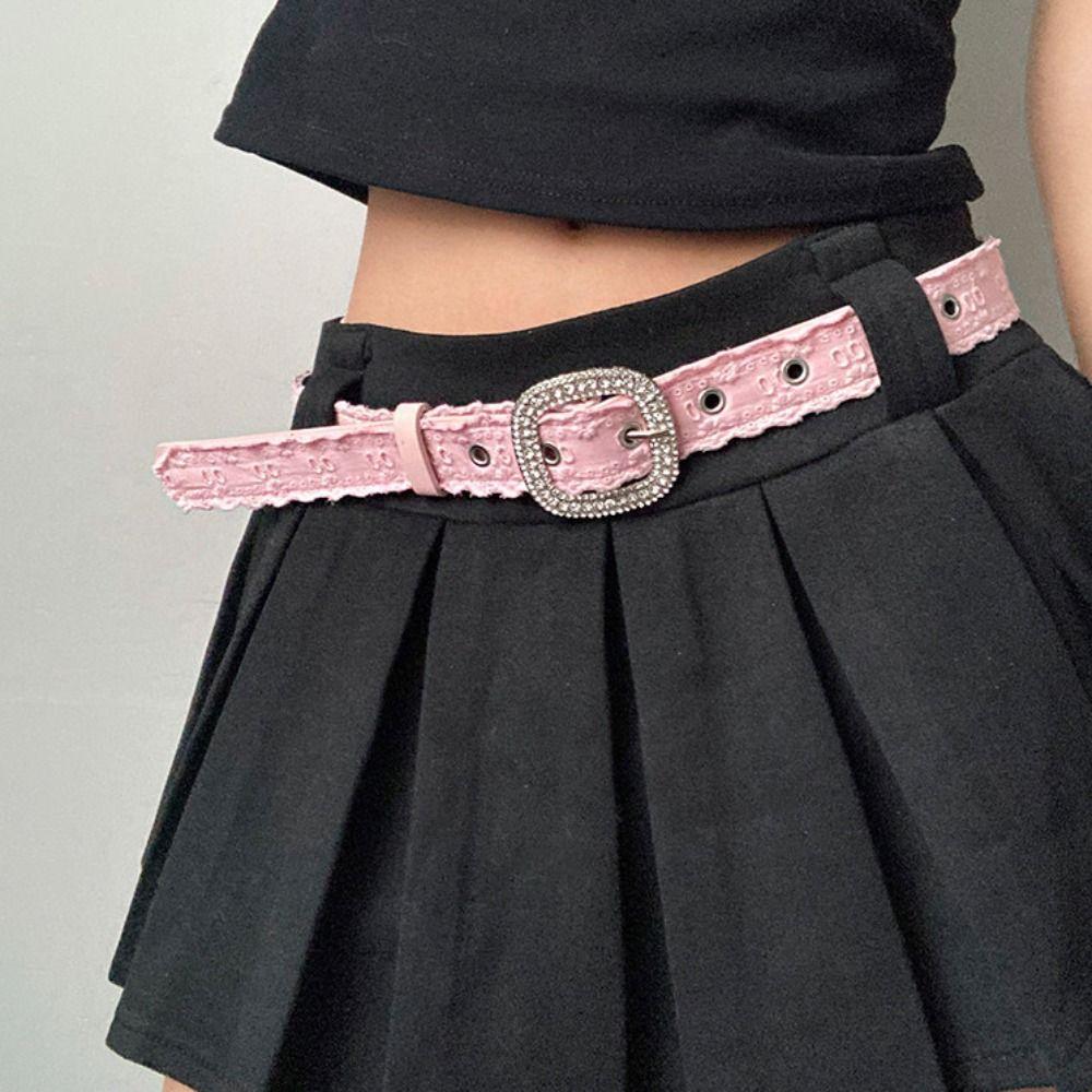 Y2K Rhinestone Belt PU Leather Women Waistband Casual Lace Belt Male
