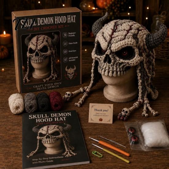 Handmade Fantasy Headwear Hood Crochet Kit, Cute Animal Hat DIY Dragon Unicorn Halloween Cosplay Kit Skull Earflap Craft for Adults, Headgear Novelty