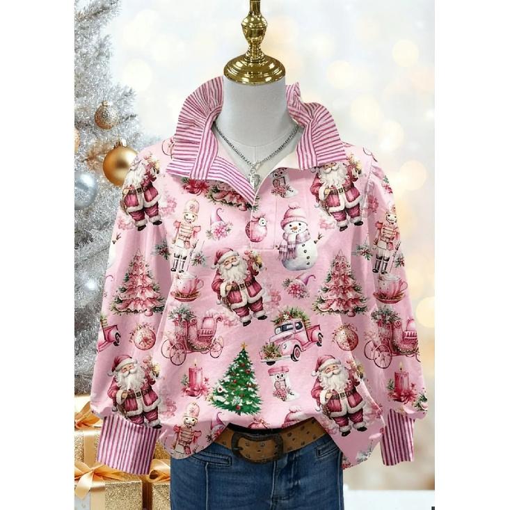 Женская блузка в ретро-рождественский узор - отложной воротник, длинный рукав, свободный повседневный силуэт, праздничный топ с принтом елки, подходит для осени/зимы