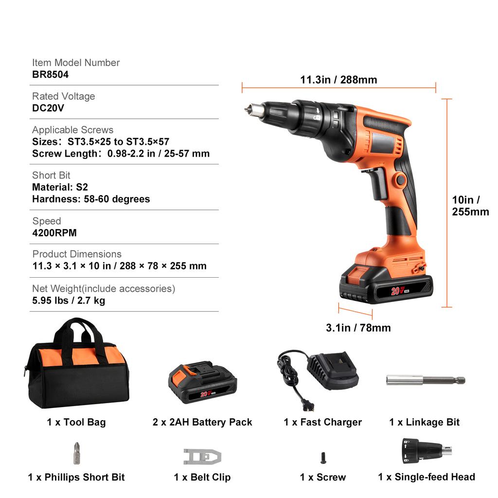 SucceBuy Шуруповерт для гипсокартона 20 В Макс Шуруповерт для гипсокартона 4200 об/мин Бесщеточный Аккумуляторный Набор для гипсокартона Реверс Регулируемый Встроенный светодиодный свет