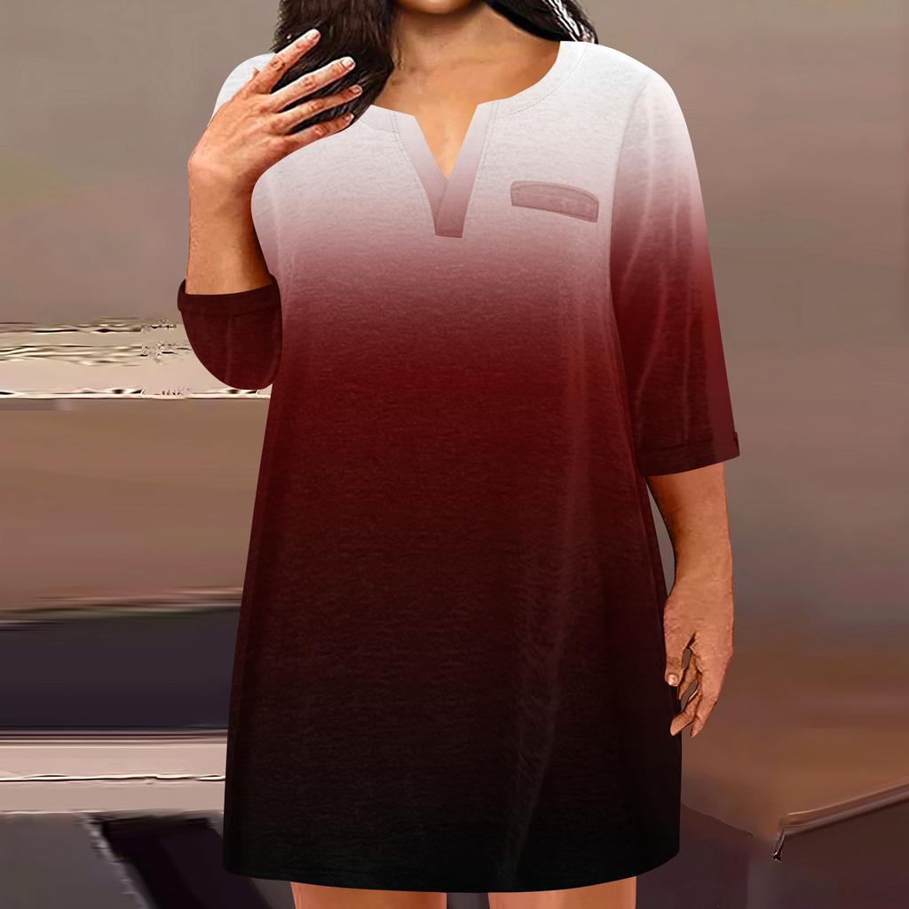 Women's Fashion Plus Size V-Neck Seven Sleeve Casual Printed Loose With Pockets Dresses