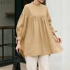 Women Round Neck Solid Color Loose Casual Long Sleeve Blouse