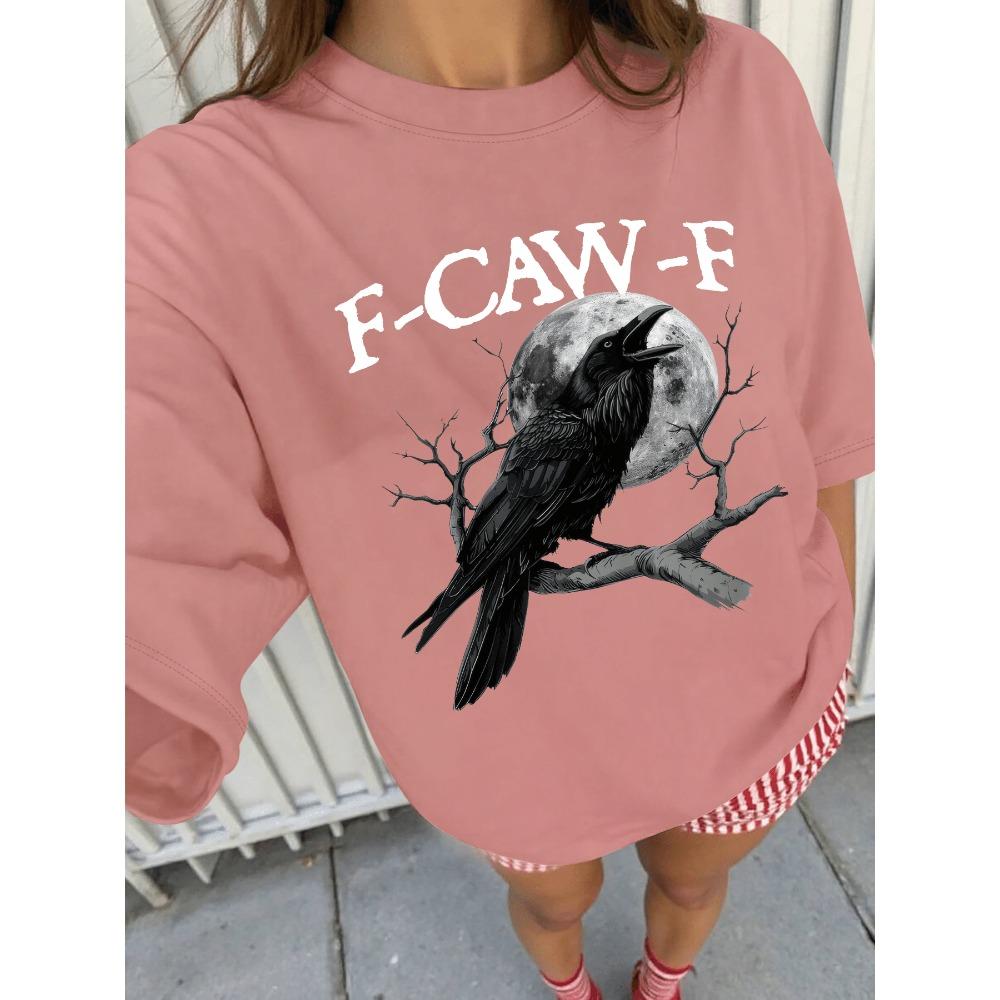 Женская белая футболка с коротким рукавом большого размера, с принтом «F - CAW - F» Ворон и Луна, повседневный топ в готическом стиле