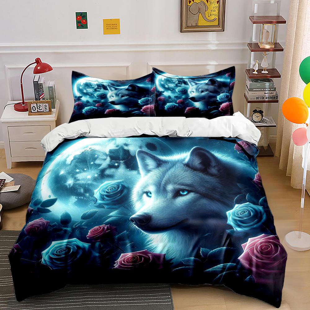 Wolf and Rose Print Bedding Set Sports Enthusiast Duvet Cover 1 Duvet Cover 2 Pillowcases Adult and Children Bedding Set Luxury