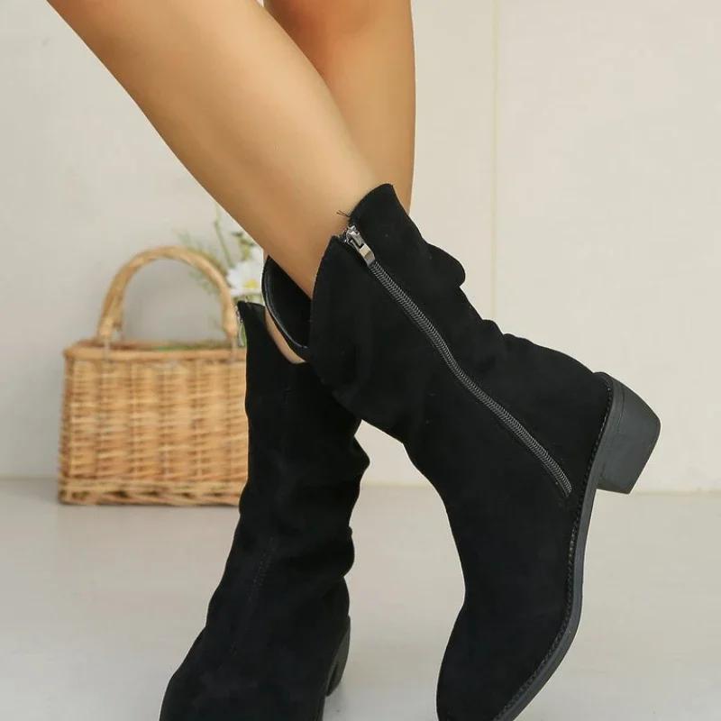 2024 Новые популярные простые толстые тонкие сапоги женские летние квадратные остроносые высокие сапоги в стиле ретро