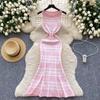 French Elegant O Neck Vintage Sleeveless Stripe Chic Knit Slim Long Trumpet Dress Vacation High Street Clothing
