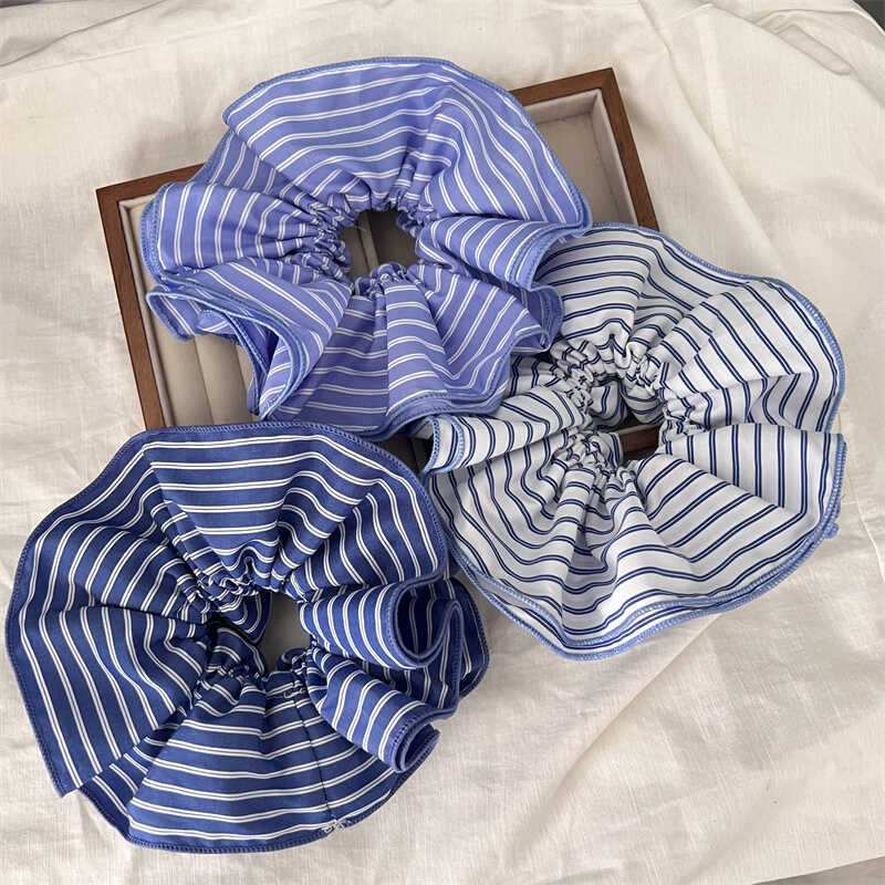 Trend Blue Striped Cloth Scrunchies Women Girls Elastic Hair Rubber Bands Accessories Tie Hair Ring Rope Headdress Headwear
