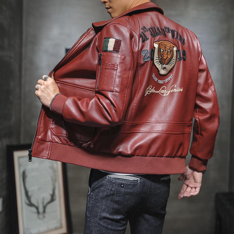 Мужская кожаная куртка мужская корейского стиля облегающая мужская куртка в мотоциклетном стиле с лацканами и вышивкой