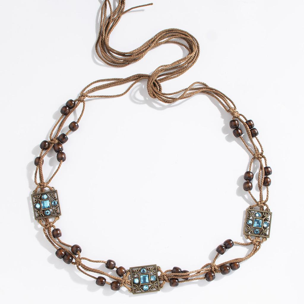 Bohemian Style Butterfly Water Diamond Woven Ethnic Style Handmade Wooden Bead Women's Belt Casual Vacation Style Waist Rope