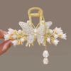 Women Hair Claw Shiny Rhinestones Faux Pearls Butterflies Decor Hair Clip Back Head Tassel Hair Decoration