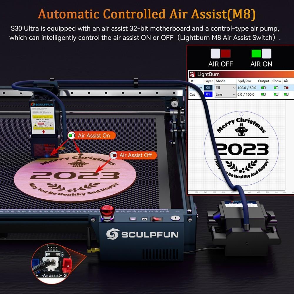 SCULPFUN S30 Ultra 33W Лазерный гравер, автоматическая подача воздуха, лазерный фокус 0,08x0,10 мм, 600 * 600 мм - вилка европейского стандарта