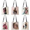 Cute Cartoon Super Mama Print Linen Tote Bag Reusable Shoulder Bags Mom and Baby Folding Women Casual Handbags Lady Fabric Totes