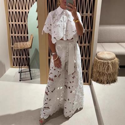 Женские комплекты однотонная рубашка с полым кружевом брюки повседневный пакет из 2 предметов