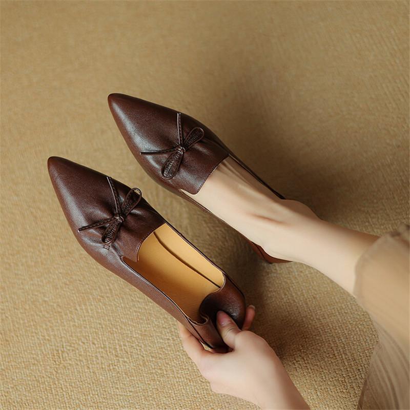 Модные новые весенние женские туфли из натуральной кожи с острым носком в французском стиле, женские туфли-лодочки с бантом, женские туфли на низком каблуке