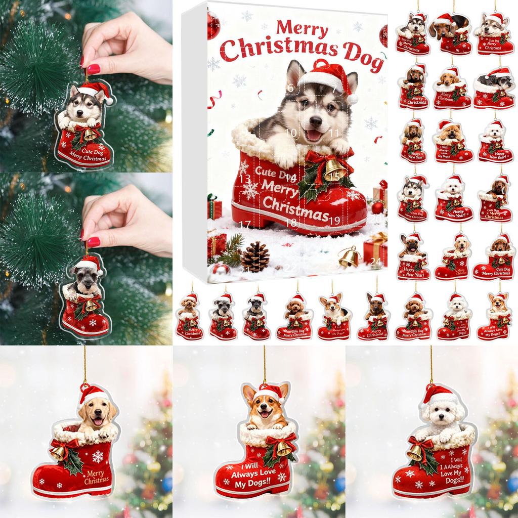 Рождественский адвент-календарь для собак 24 рождественских украшения на собачью тематику Праздничный календарь обратного отсчета Собаки в красных ботинках Идеально для любителей домашних животных, владельцев домашних животных