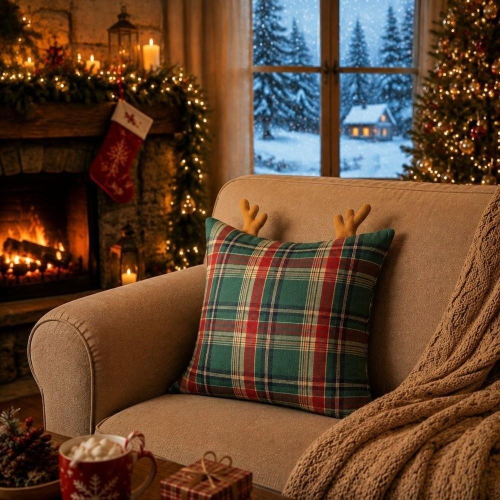 Sofa Home Decor Checkered Antlers Pillow Cover Soft Pillow Case Cushion Cover Christmas Decor