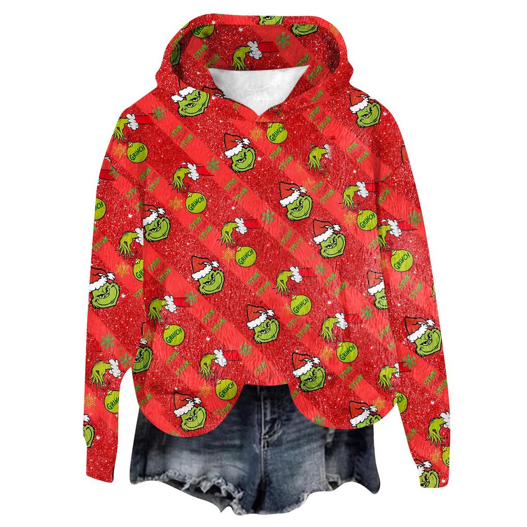 Women's Hooded Long Sleeve Christmas Printed Flannel Top Hooded Sweatshirt
