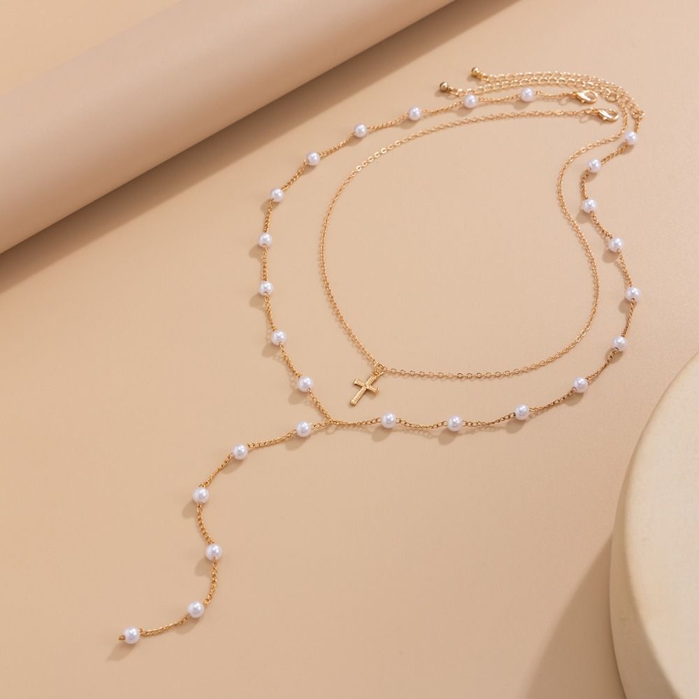 Long Tassel Imitation Pearl Necklace Flower Clavicle Chain Sweet Cross Pendant Necklace Couple